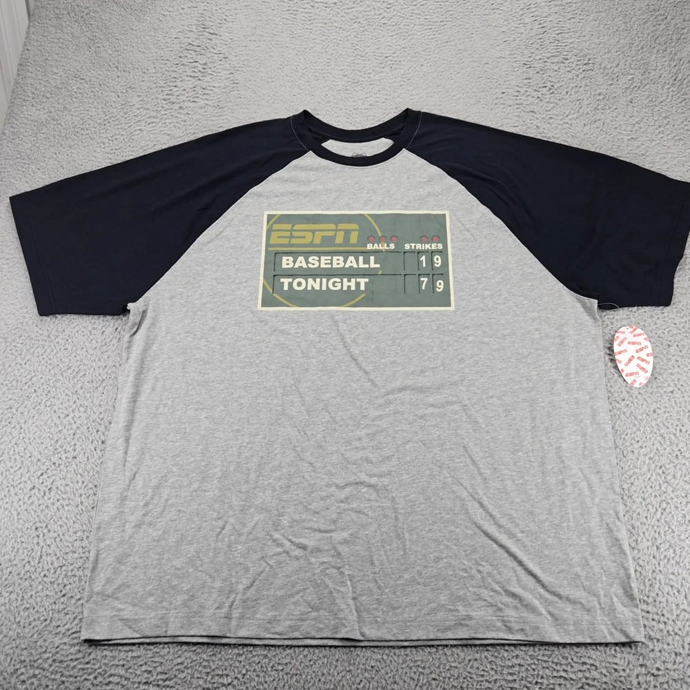 Espn Shirt Mens XXL Gray Baseball Scoreboard Short Sleeve‎ Raglan Crew Neck